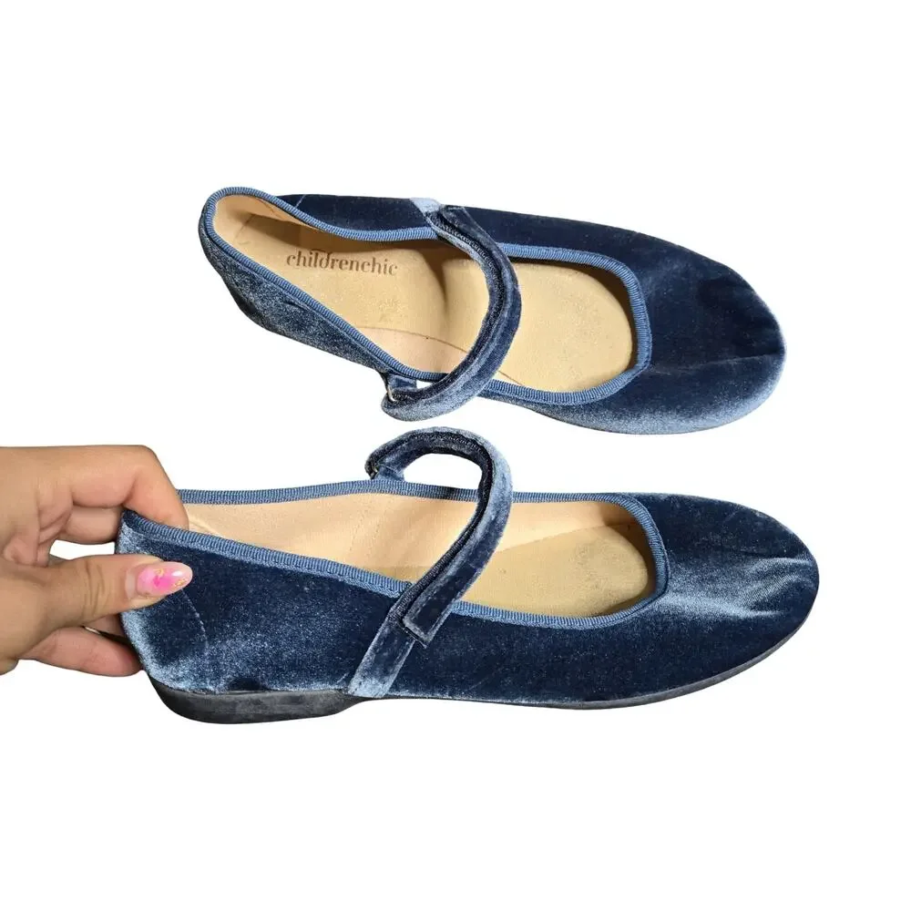 ChildrenChic Cassie Blue Velvet Mary Jane Flats Size: 37